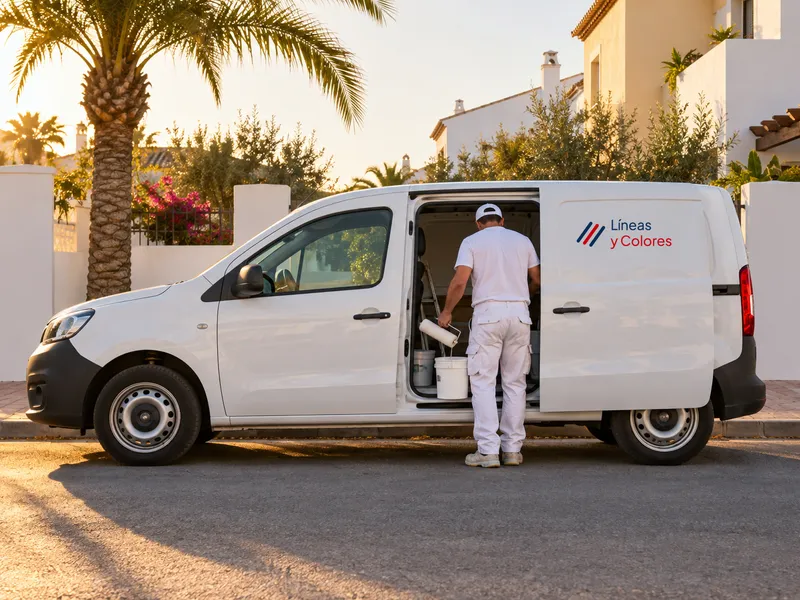 Presupuesto de pintura en Elche: una furgoneta de trabajo aparcada junto a una acera con palmera