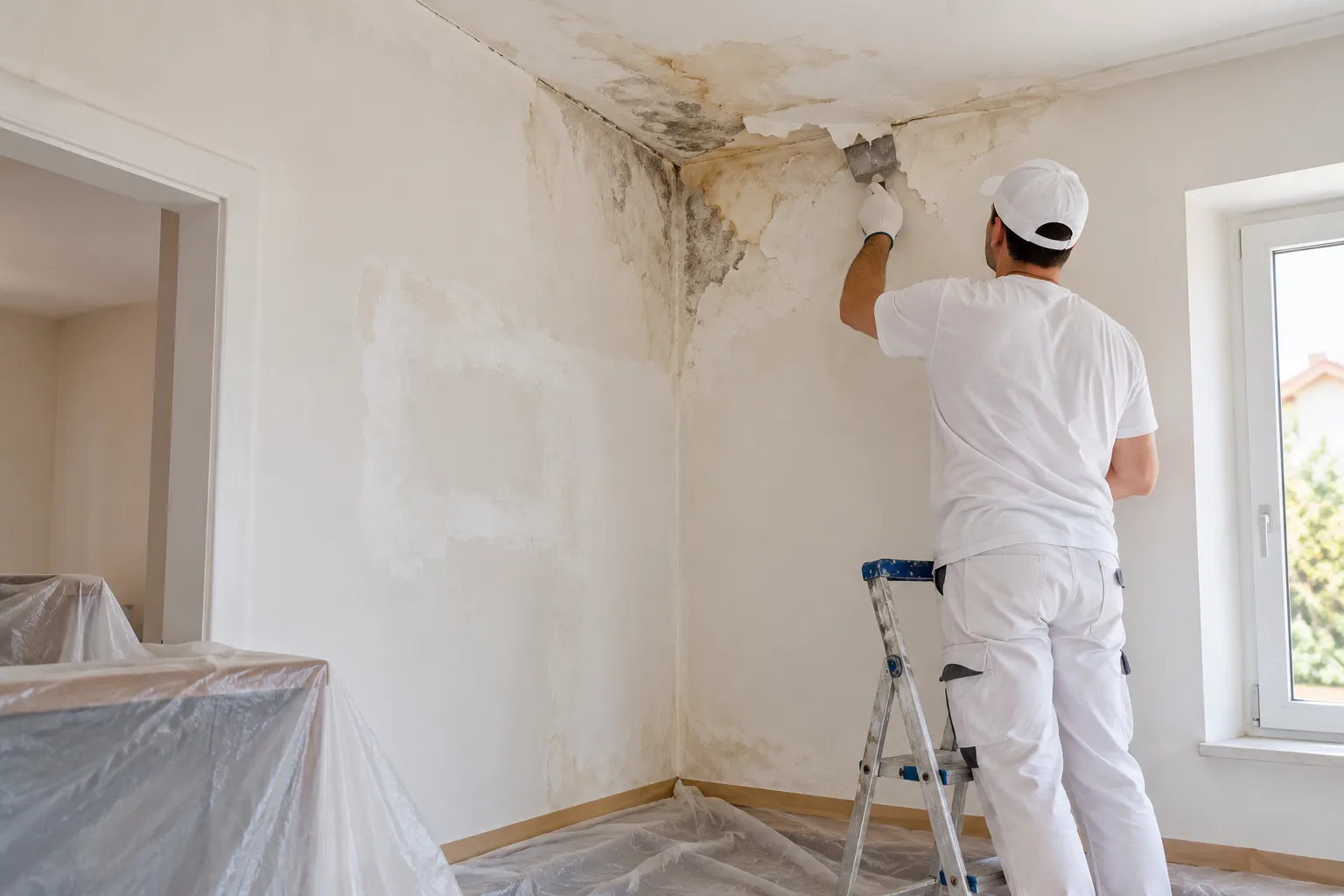 Reparar paredes con humedad en Elche: un profesional rascando pintura desconchada junto a una zona ya enmasillada
