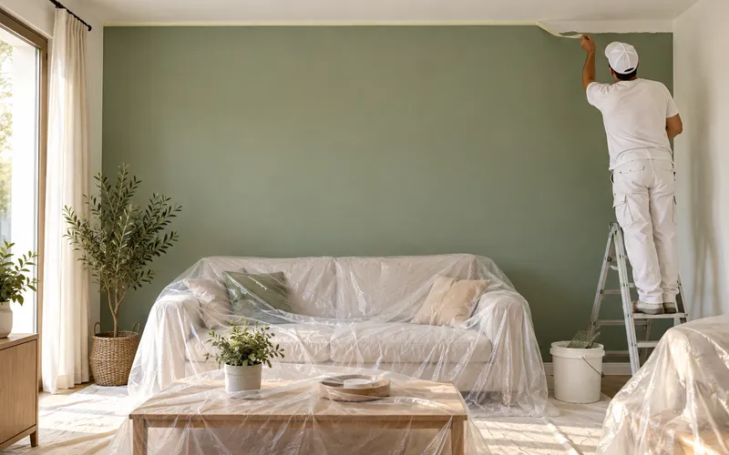 Pintura decorativa en Elche: una pintor retocando con brocha el encuentro de una pared verde salvia con el techo