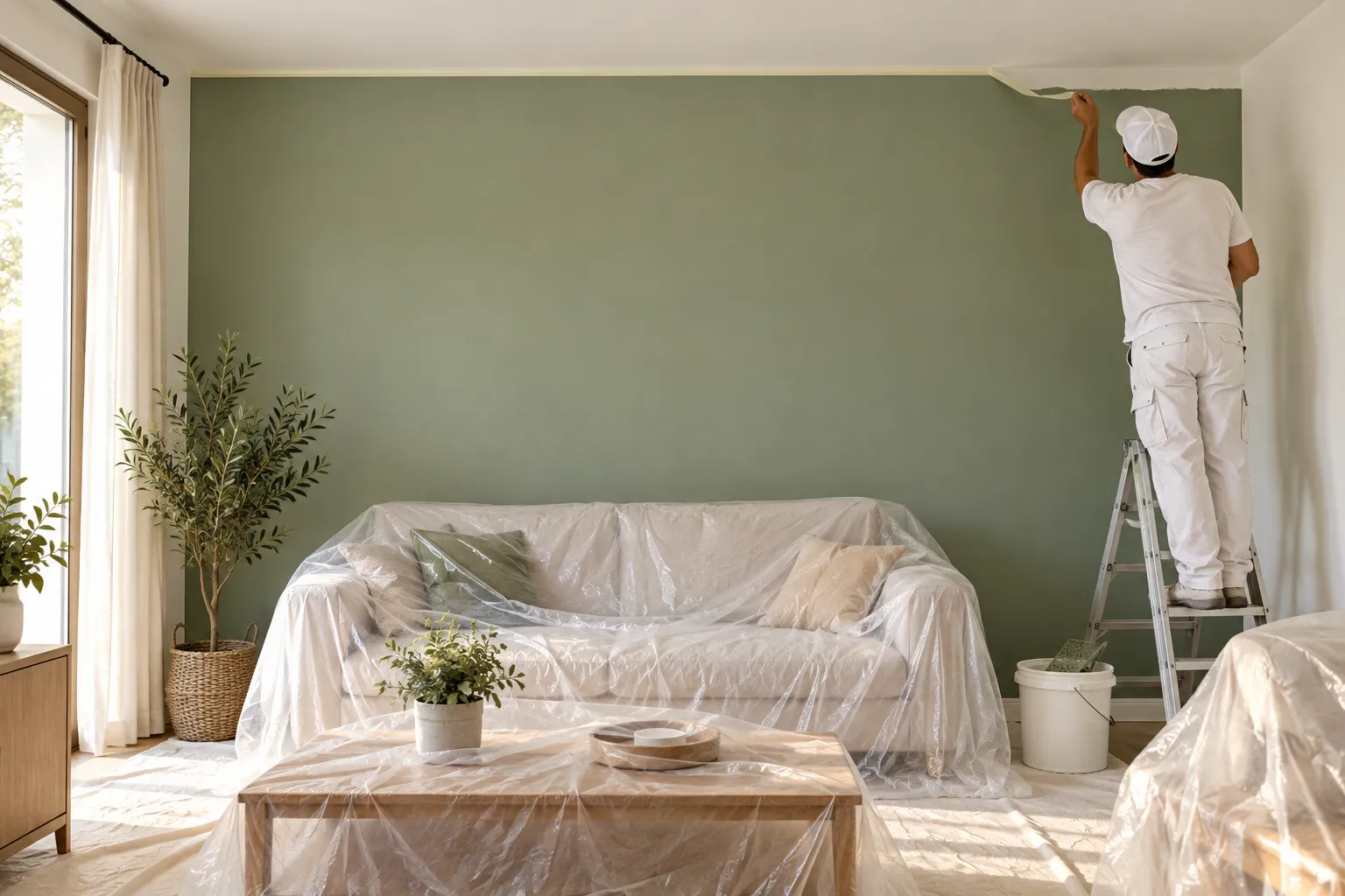 Pintura decorativa en Elche: una pintor retocando con brocha el encuentro de una pared verde salvia con el techo
