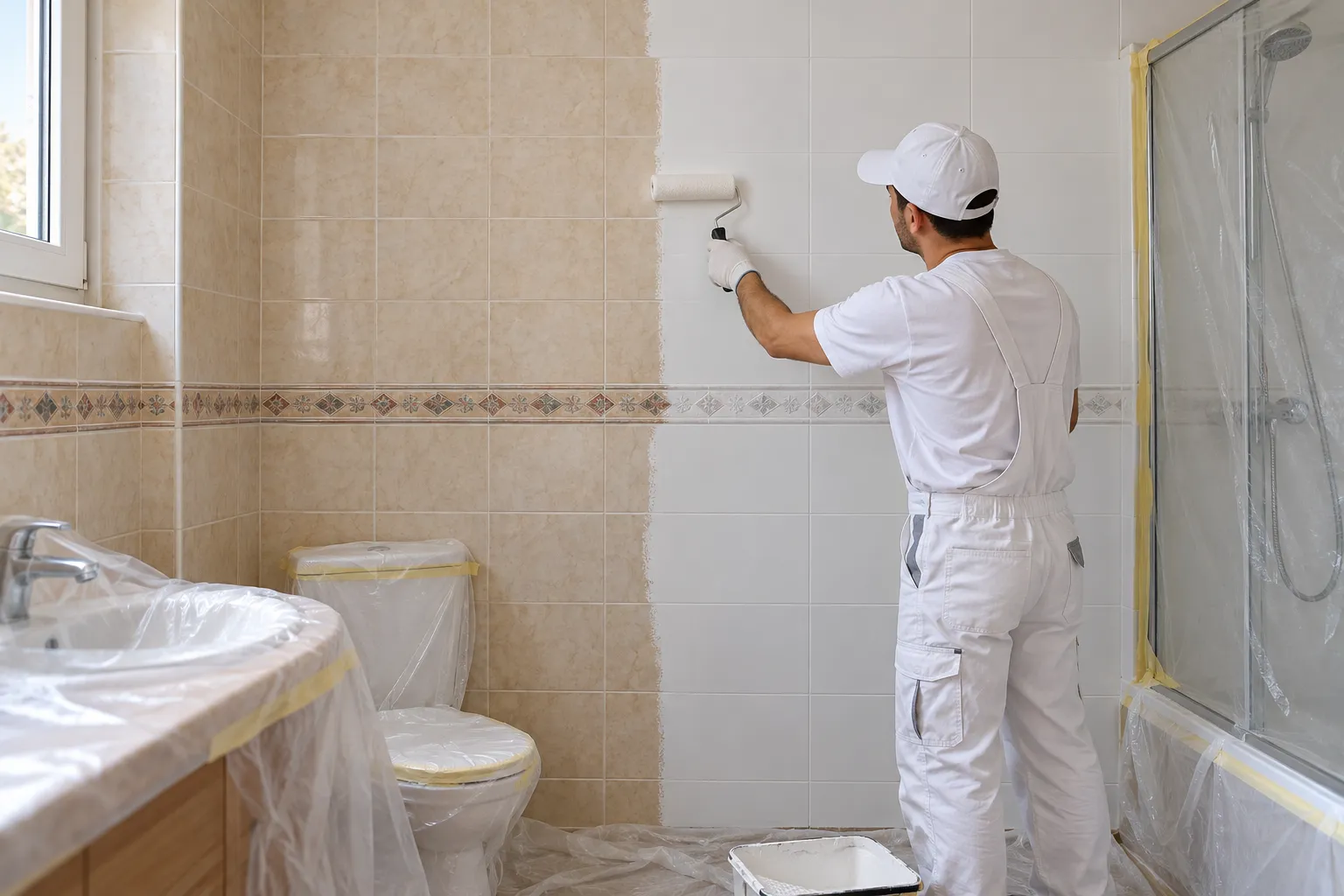 Pintar azulejos en Elche: una pared de baño con la mitad de los azulejos beige ya cubierta en blanco mate